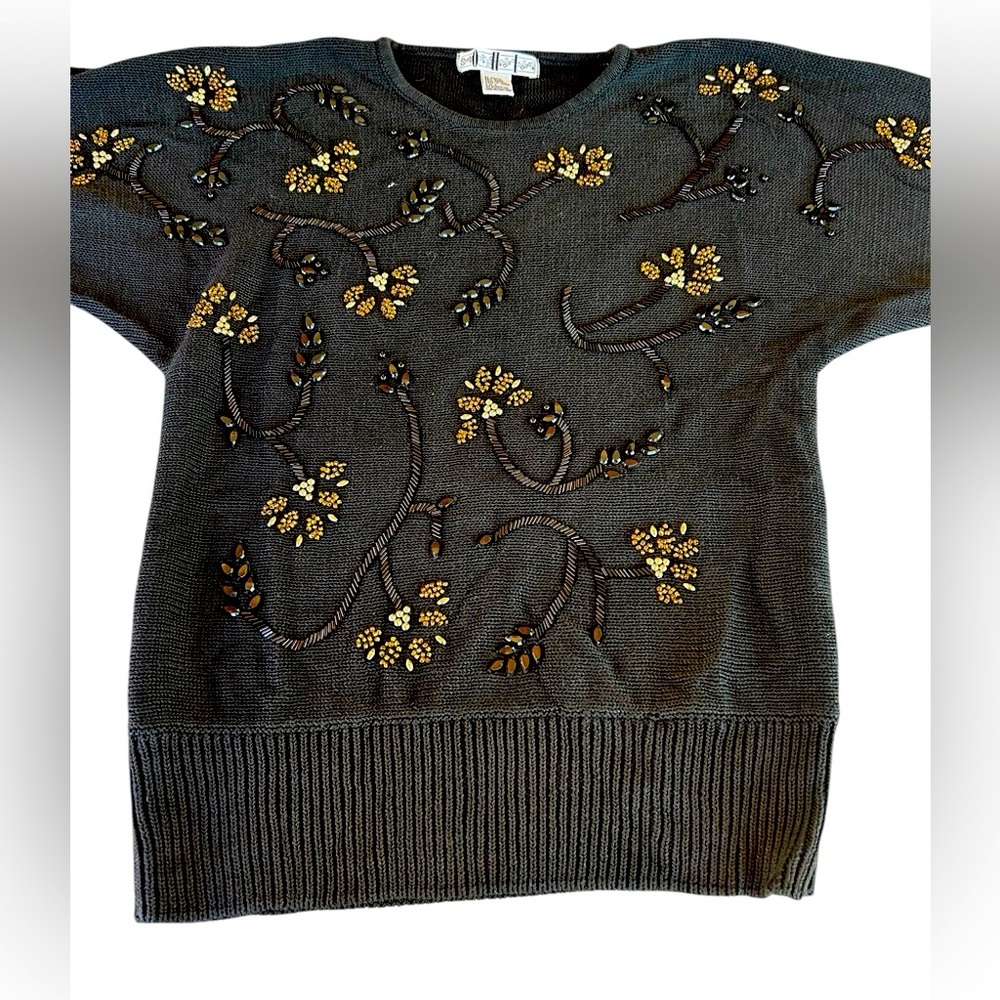 Vintage 80s Beaded Embellished Black Sweater Gold Metallic Knit Crew Neck Dolman